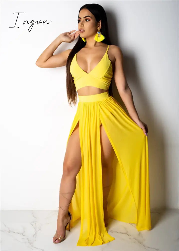 Ingvn - Sexy Women Set Two Pieces Spaghetti Strap Top Long Slit Skirt Summer Chiffon 2 Pieces Set Outfit Solid Pattern Outdoor Wear