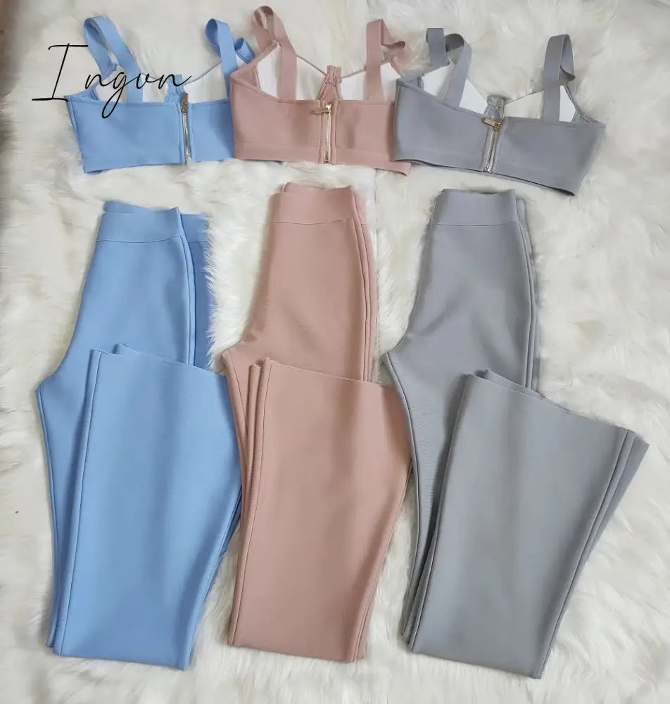 Ingvn - Summer New Women's Fashion Sexy Bandage 2 Two-piece Set Sleeveless Tight Short Top &  High Waist Flared Trousers Pants Set