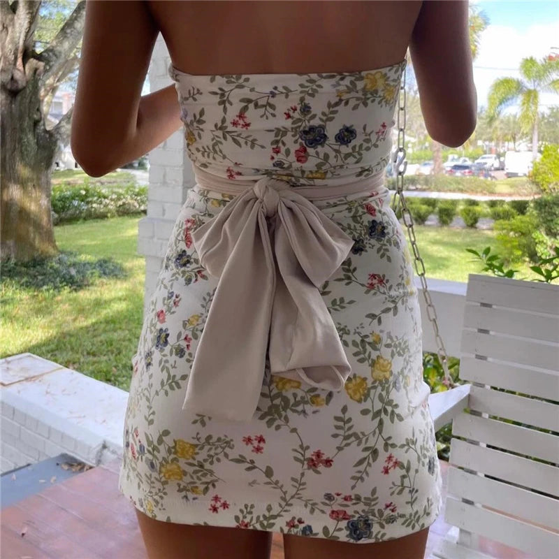 Y2k Dresses for Women Fairycore Floral Print Off Shoulder Strapless Sleeveles Mini Dress Club Party Dresses Streetwear