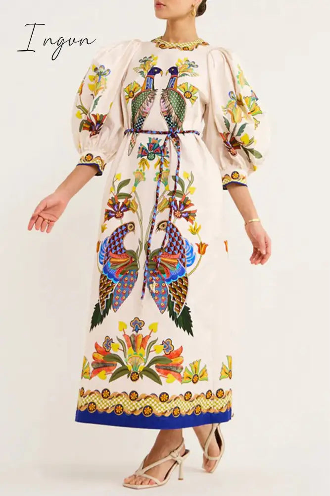 Ingvn - Casual Bohemian Print Patchwork O Neck One Step Skirt Dresses