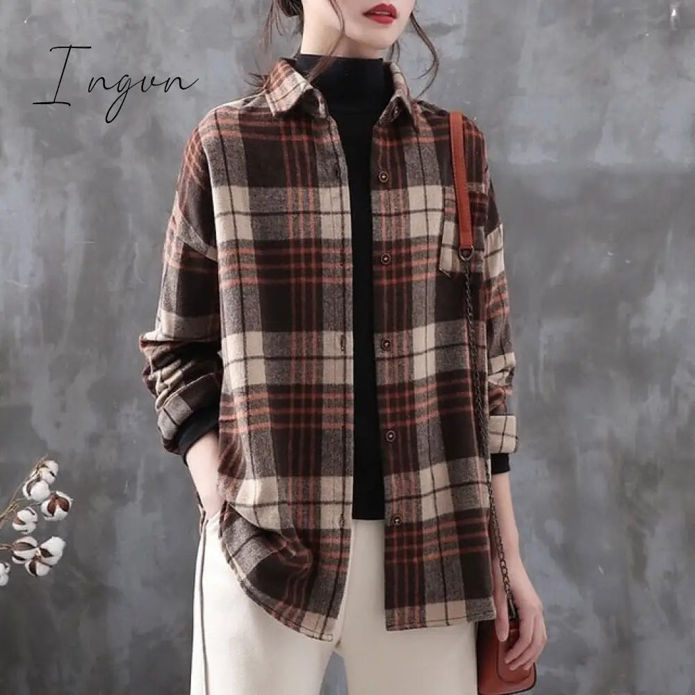 Ingvn - Blouse Women Woolen Plaid Coat Plaid Shirt for Women Thickened Long Sleeve Top Shirt Blusas Ropa De Mujer