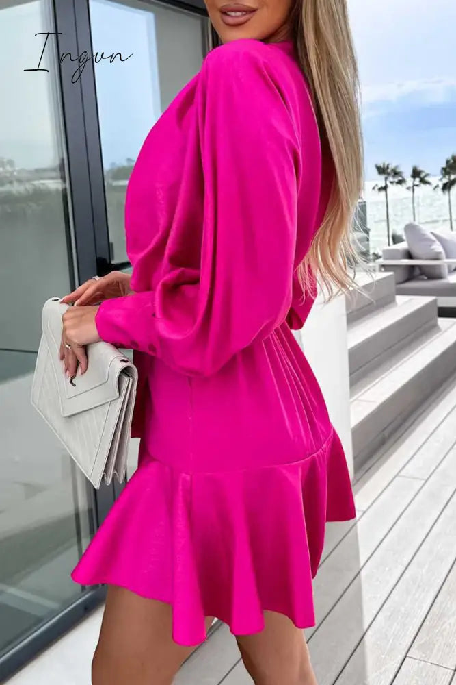 Ingvn - Sweet Elegant Solid Flounce V Neck A Line Dresses
