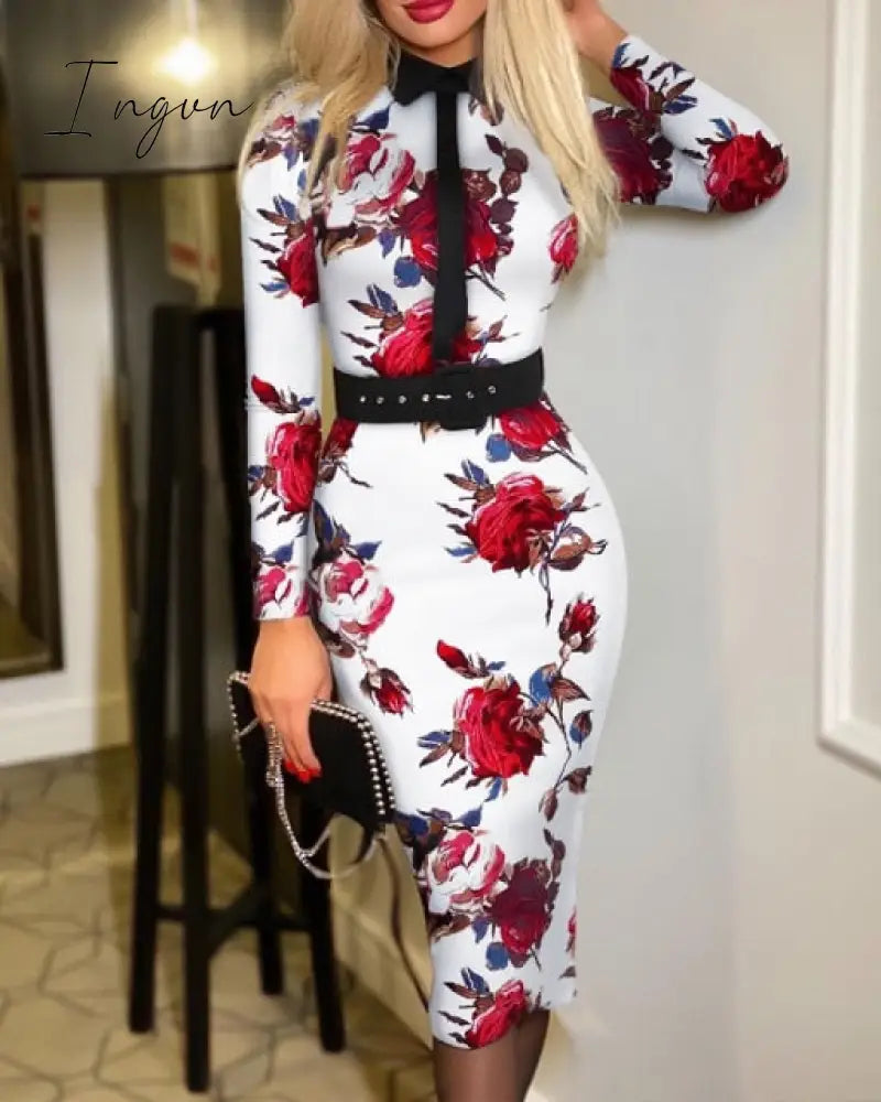 Ingvn - Sexy Boho Belt Lapel Polka Dot Printing Bodycon Dress Female Clothing Elegant Robe Casual Party A-line Midi Dresses For Women