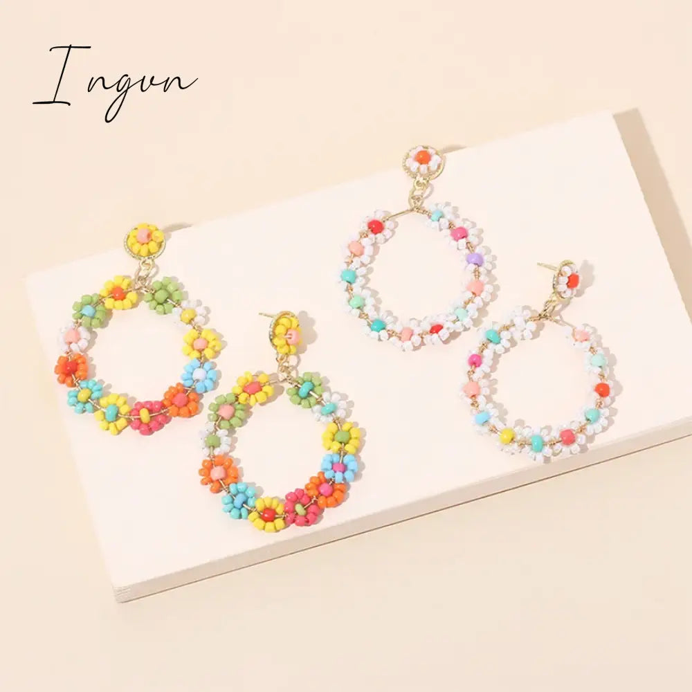 New Fashion Boho Colorful Beaded Flower Earrings for Women Exquisite Copper Needle Earrings Sweet Party Jewelry Holiday Gifts