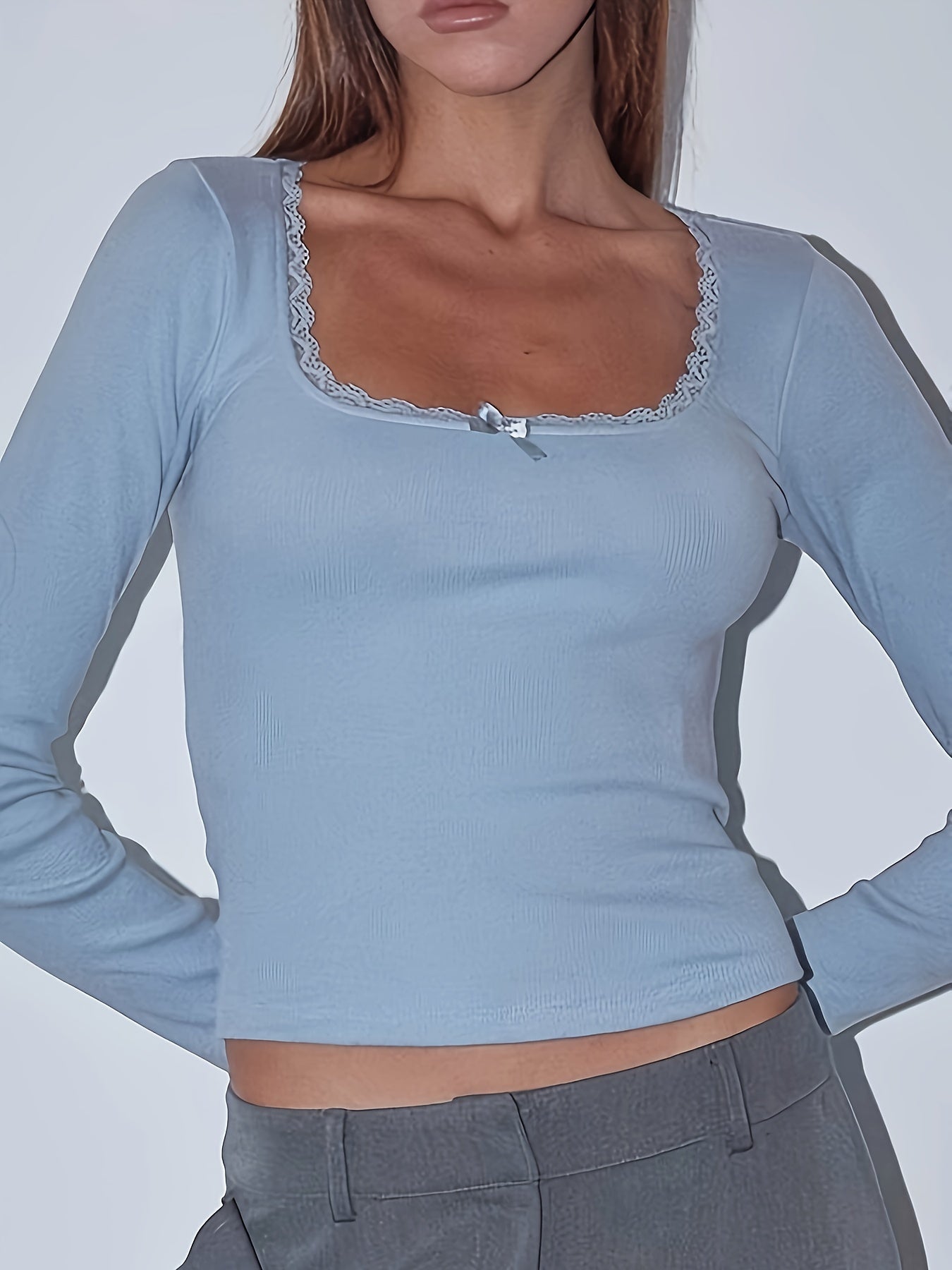 Solid Lace Trim T-Shirt, Casual Long Sleeve Top For Spring & Fall, Women's Clothing