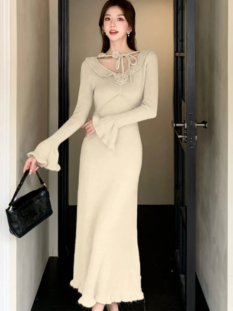 Elegant Solid Knitted Dress for Women Vintage French Flare Sleeve Bodycon Princess Evening Party Womens Dresses Slim Vestidos