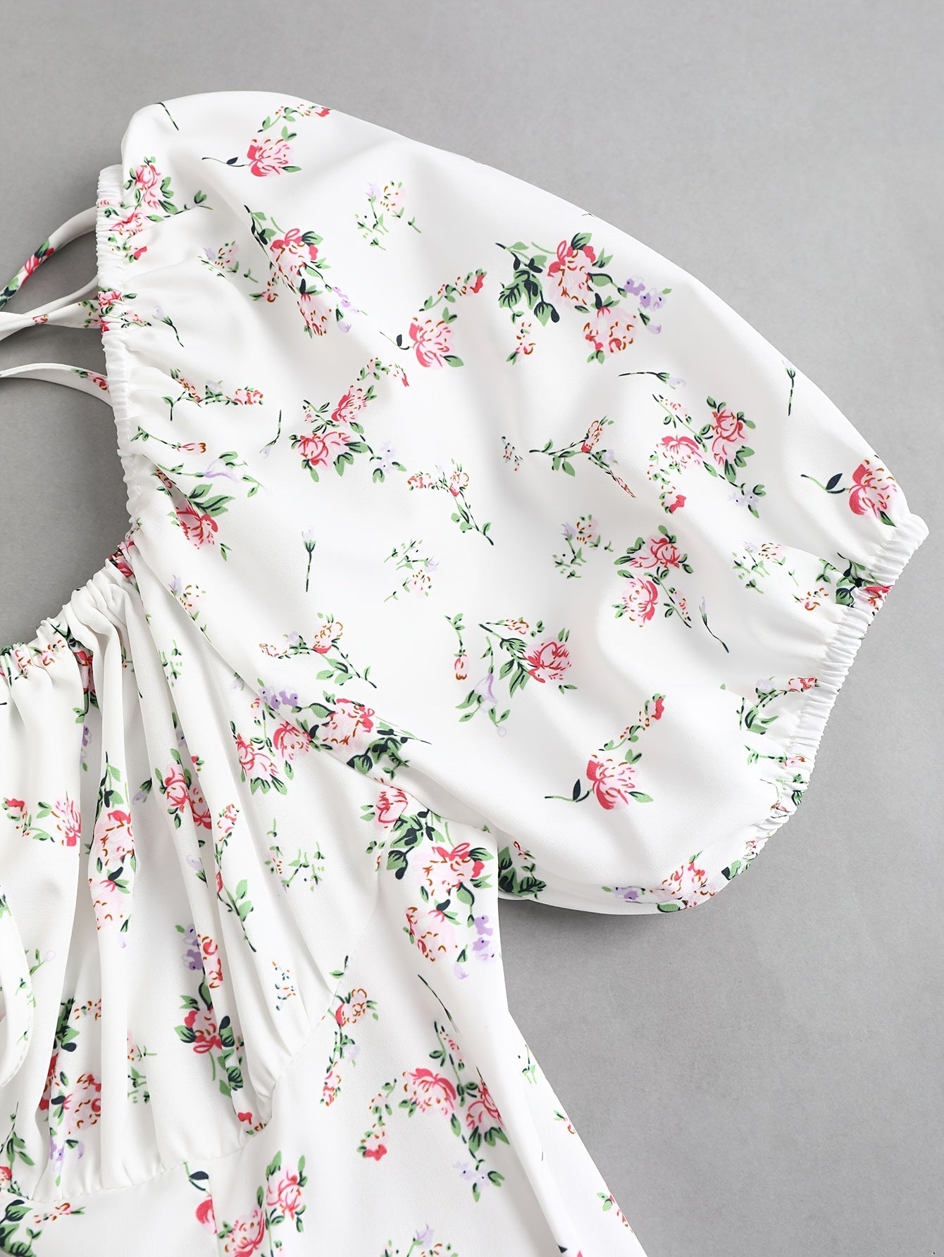 Elegant White Floral Print Midi Dress with Puff Sleeves & Tie-Back Detail - Square Neck, Non-Sheer Polyester for Women - Perfect for Spring, Summer & All Seasons, Formal Wear | Puff Sleeves Dress | Polyester Fabric