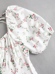 Elegant White Floral Print Midi Dress with Puff Sleeves & Tie-Back Detail - Square Neck, Non-Sheer Polyester for Women - Perfect for Spring, Summer & All Seasons, Formal Wear | Puff Sleeves Dress | Polyester Fabric