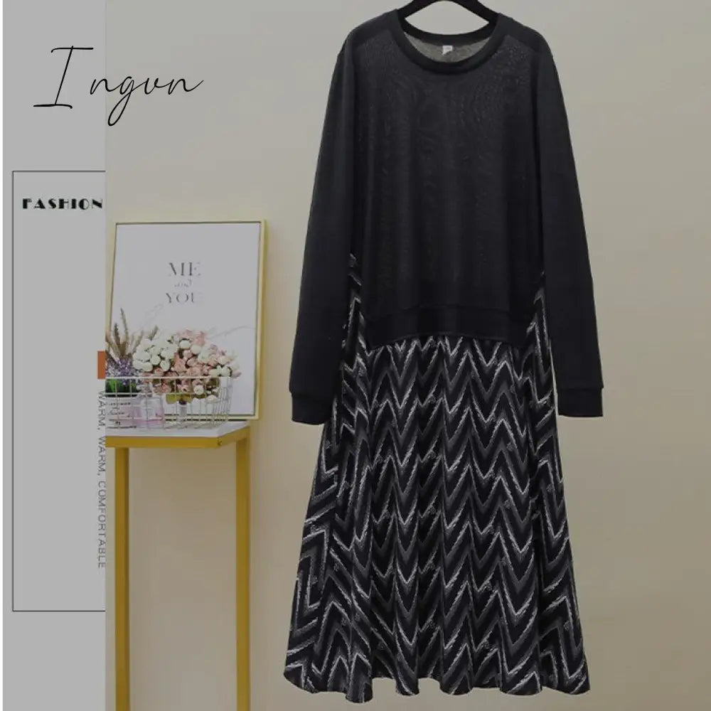 Ingvn - Autumn Women Plus Size XL-5XL Ladies Long Sleeve T-Shirt Dress Patchwork Print Robe Fake Two Piece Dress D08108R