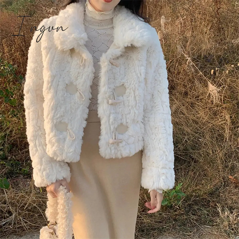 Ingvn - Elegant Winter Plush Jacket Women Warm Kawaii Korean Fashion Office Ladies Coat All-Match Vintage Harajuku Girls Cardigan