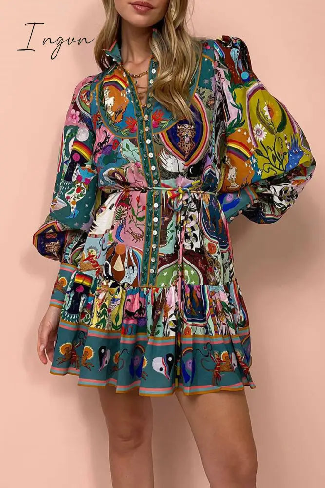 Ingvn - Bohemian Vintage Print Bandage Buckle Mandarin Collar Pleated Dresses