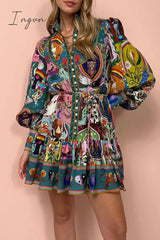 Ingvn - Bohemian Vintage Print Bandage Buckle Mandarin Collar Pleated Dresses