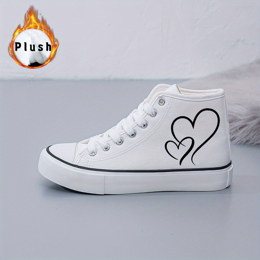 Ladies' Black and White Canvas Sneakers with Heart Design - Lightweight, Cartoon Print, All-Season, Random Print, Fabric Upper, Inner Liner, and Rubber Sole