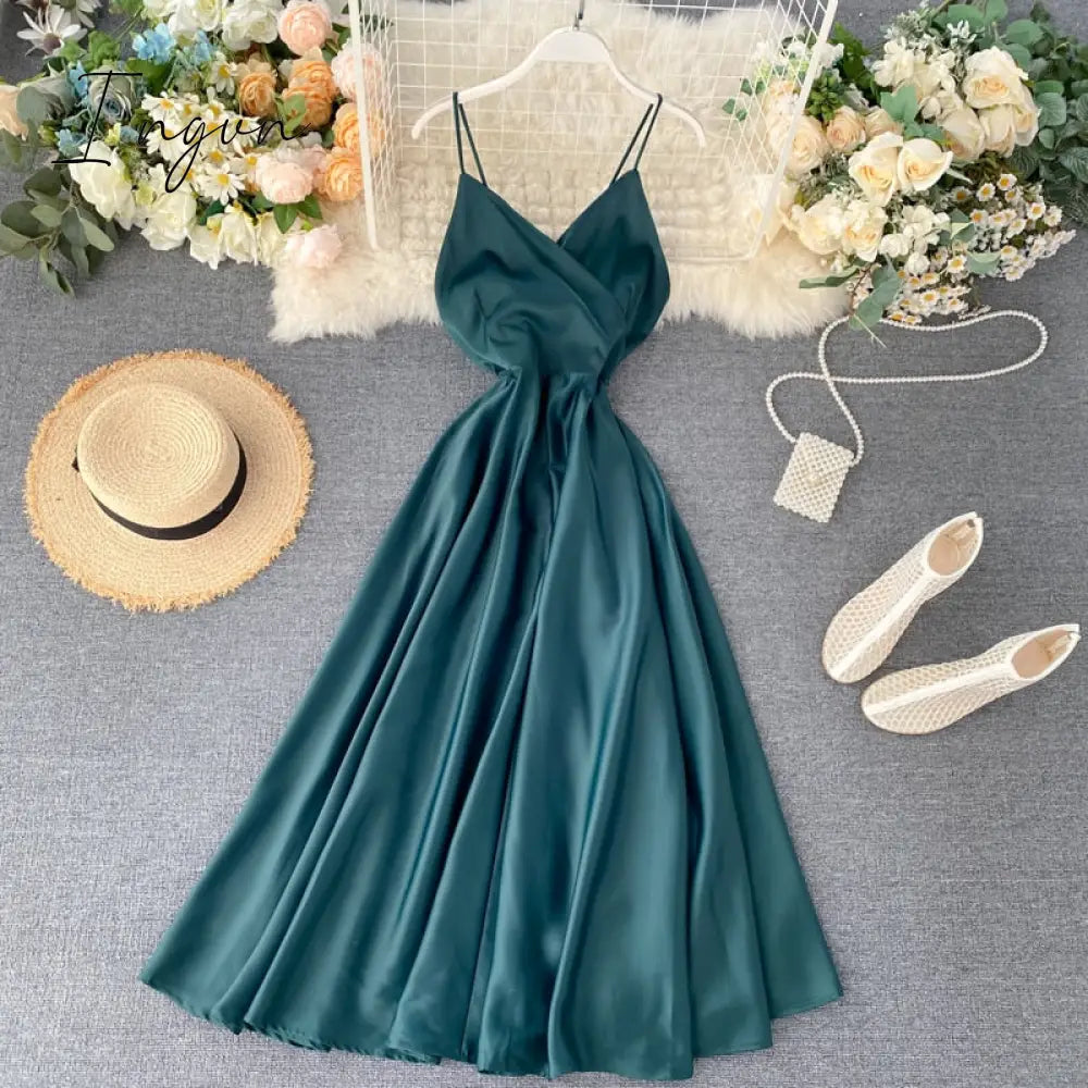 Ingvn - Boho Slim V Neck Summer bandage backless Maxi Long Dress Women Casual spaghetti strap Party Beach Holiday elegant tunic dress