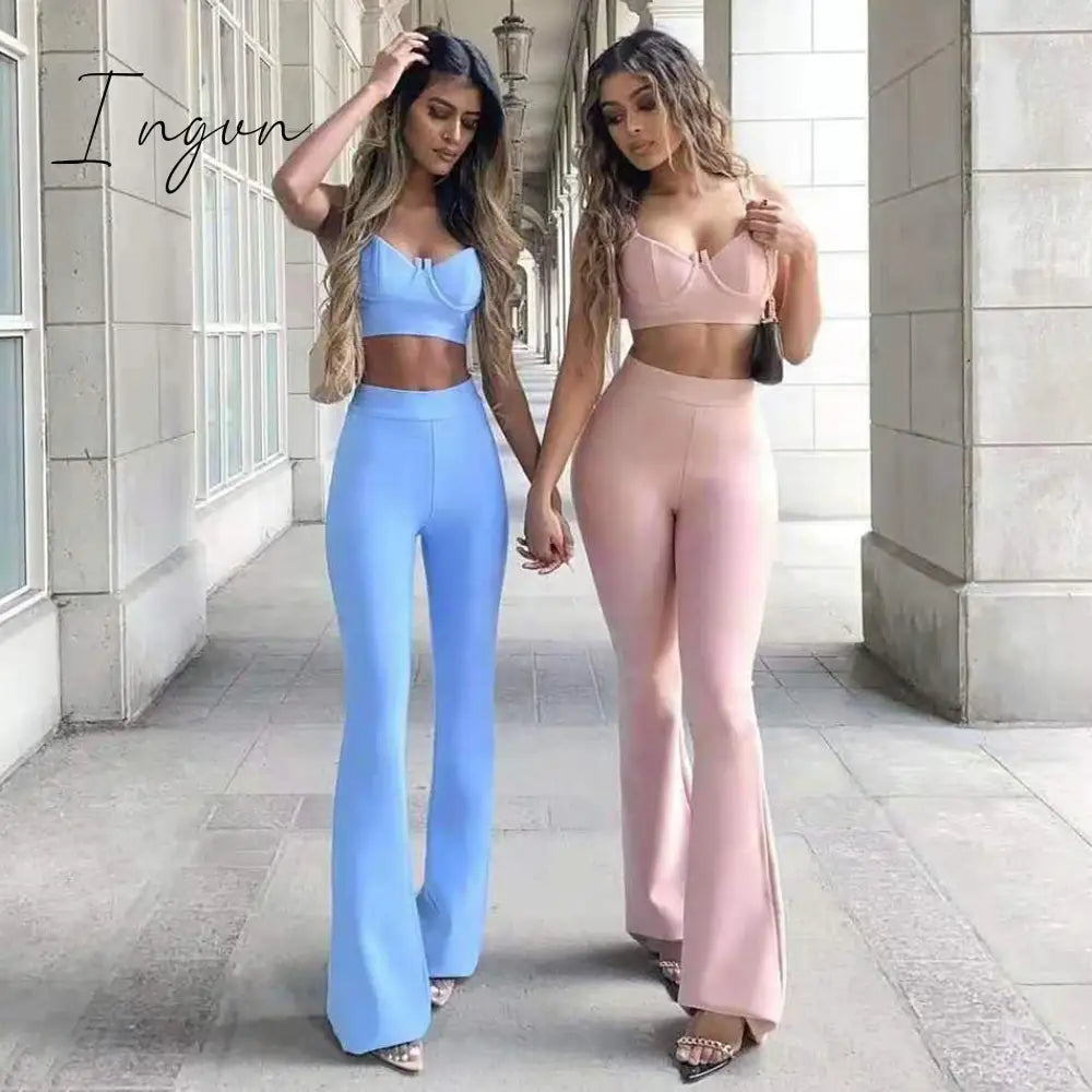 Ingvn - Summer New Women's Fashion Sexy Bandage 2 Two-piece Set Sleeveless Tight Short Top &  High Waist Flared Trousers Pants Set