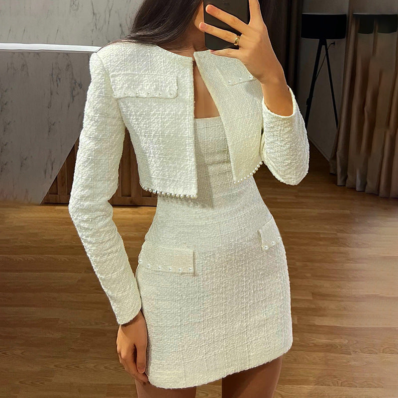 Pphmm outfit inspo Autumn New Long Sleeve Coat Fashion Style Socialite Temperament Slim Tube Top Dress Women