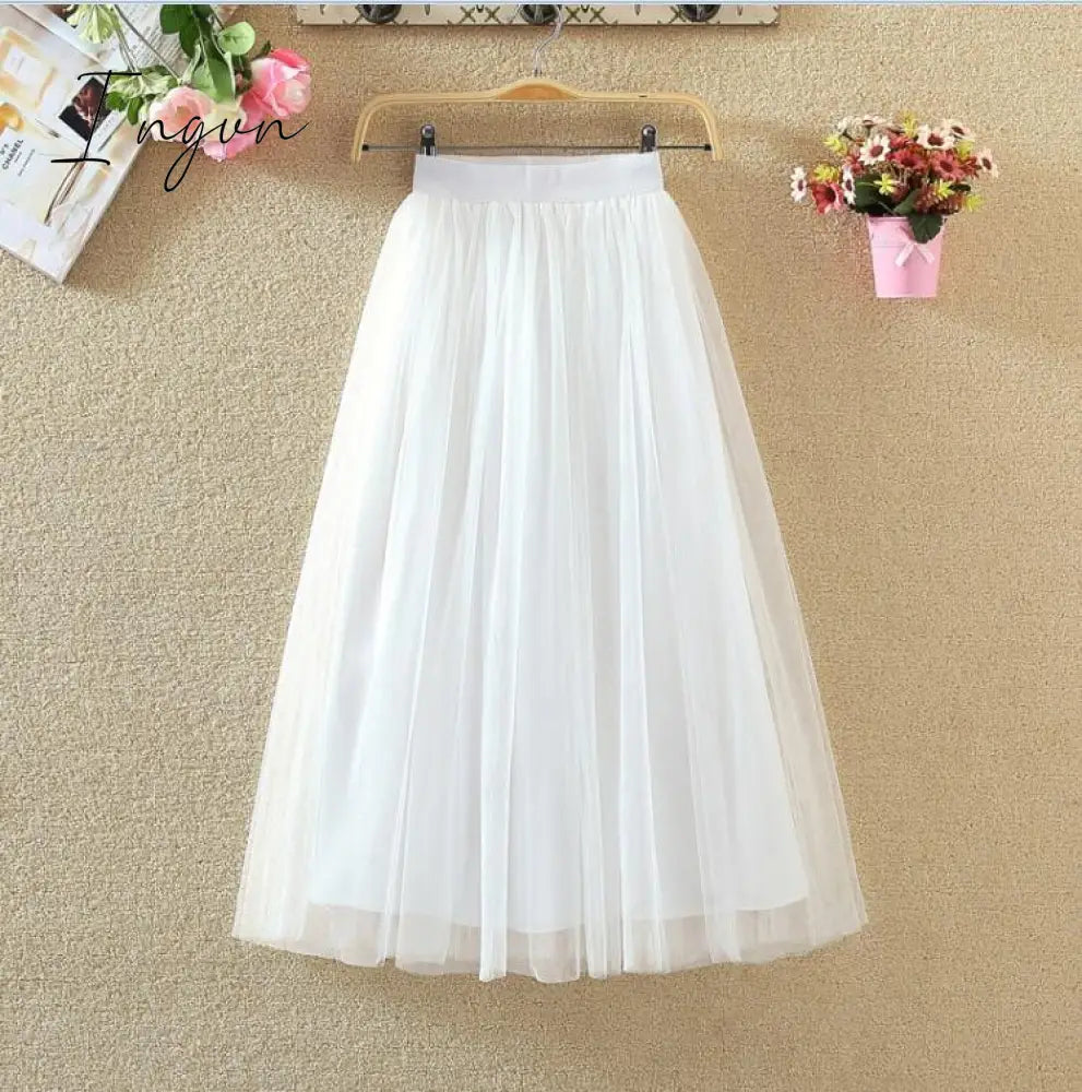 Ingvn - Autumn Winter Vintage Tulle Skirt Women Elastic High Waist Mesh Skirts Long Pleated Tutu Skirt Female Jupe Longue