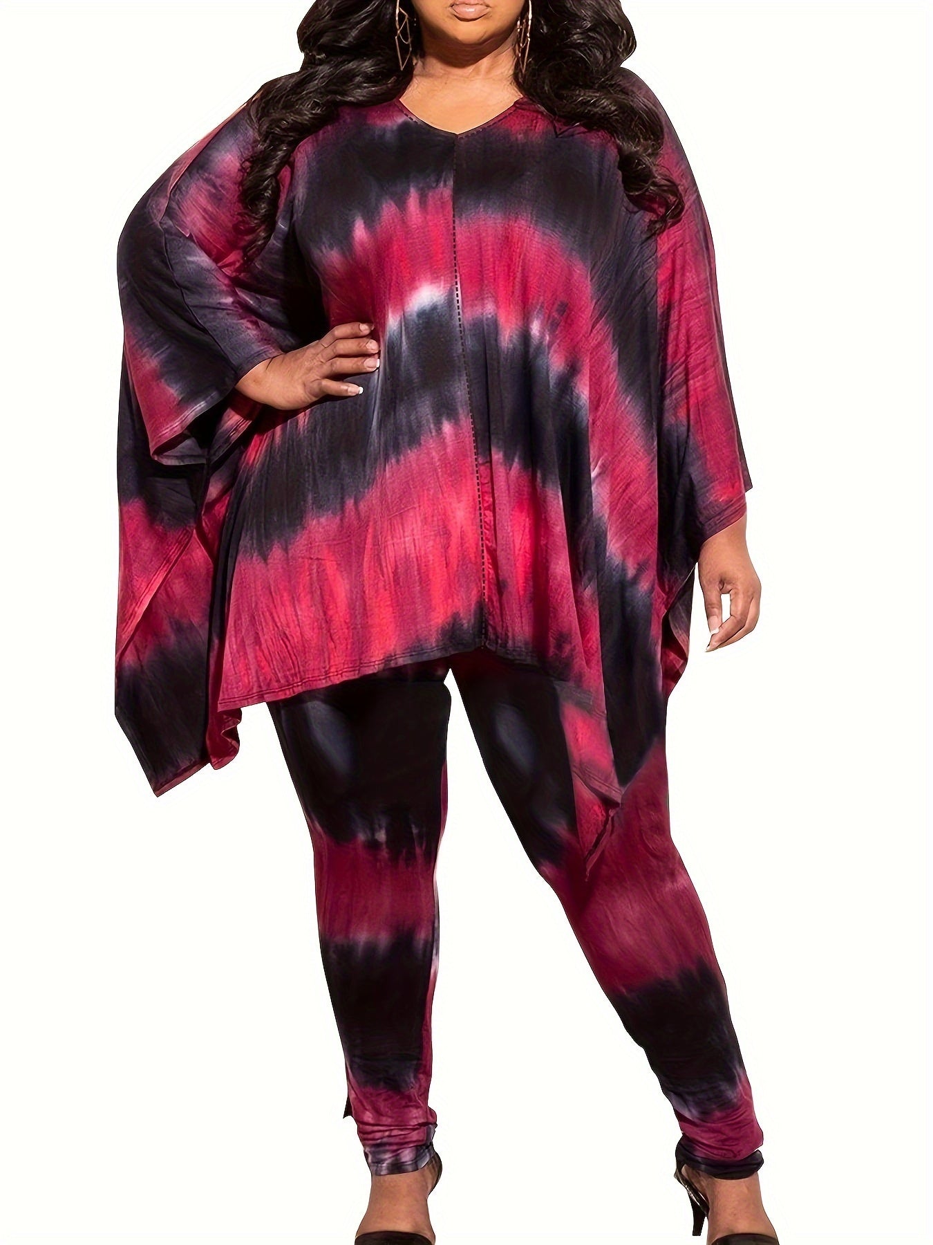 Plus Size Casual Outfits Two Piece Set, Women's Plus Leopard Print Bat Sleeve Round Neck Oversized Top & Pants Outfits 2 Piece Set