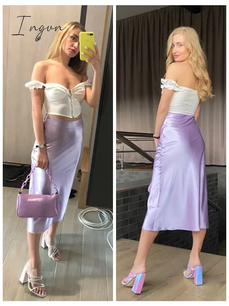 Ingvn - Solid Purple Satin Silk Skirt Women High Waisted Summer Long Skirt New Elegant Ladies Office Skirts Midi Spring