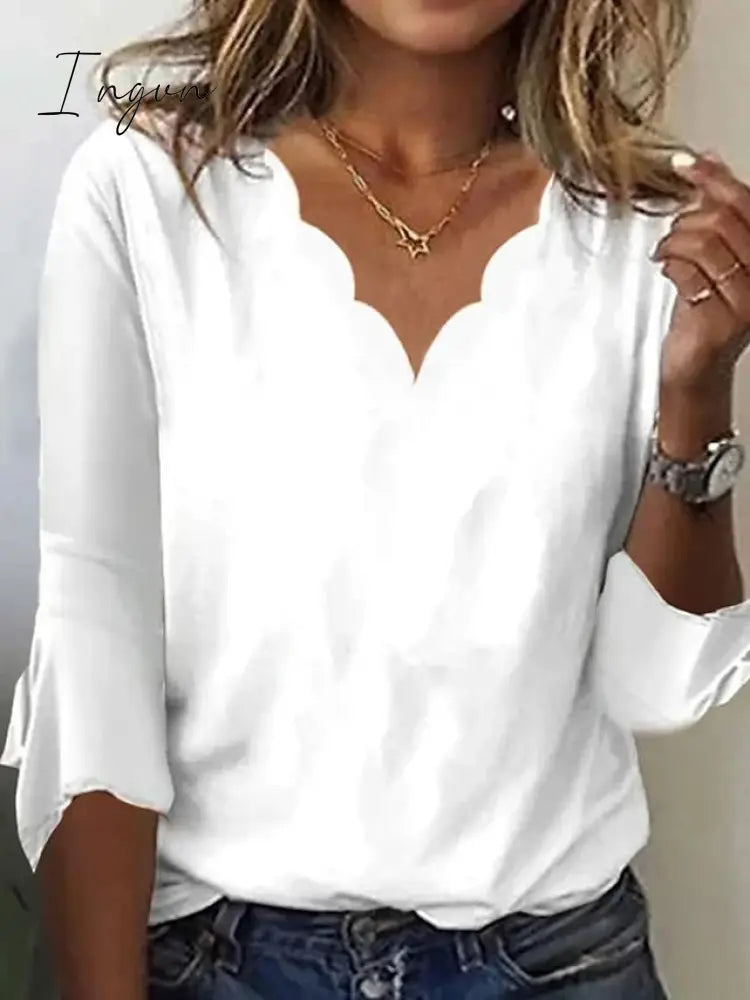 Ingvn - Women's T shirt Tee White Pink Blue Plain 3/4 Length Sleeve Daily Weekend Basic V Neck Regular