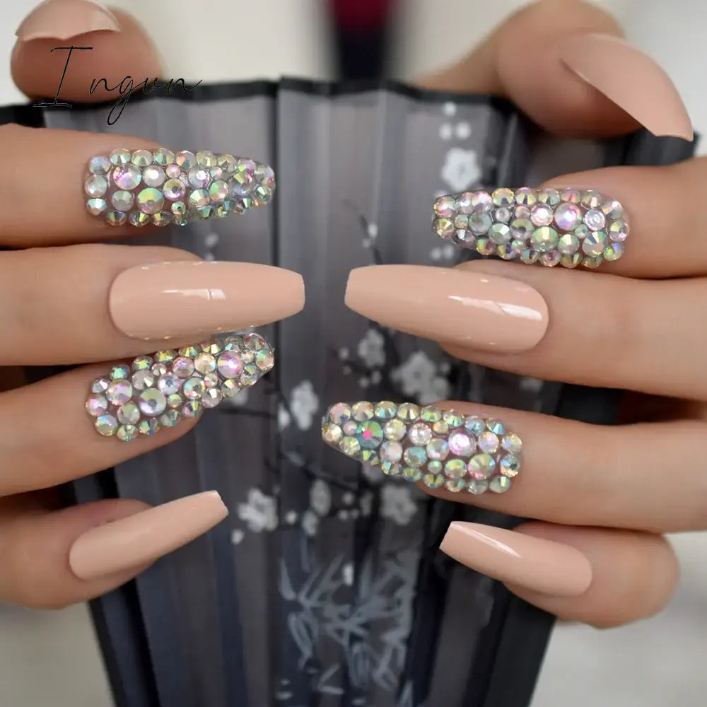 Extra Long Stiletto Press on False Nails Full Cover 3D Rhinestone Fake Nails Manicure Nail Art Tips Set for Wedding Party