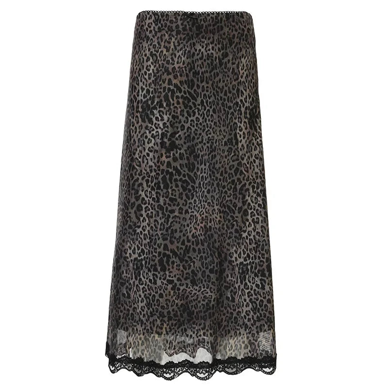 Vintage Leopard Print Sheer Mesh Skirt Women's American Style Lace Trimmed Bodycon Dress New Arrival Medium Length Dress