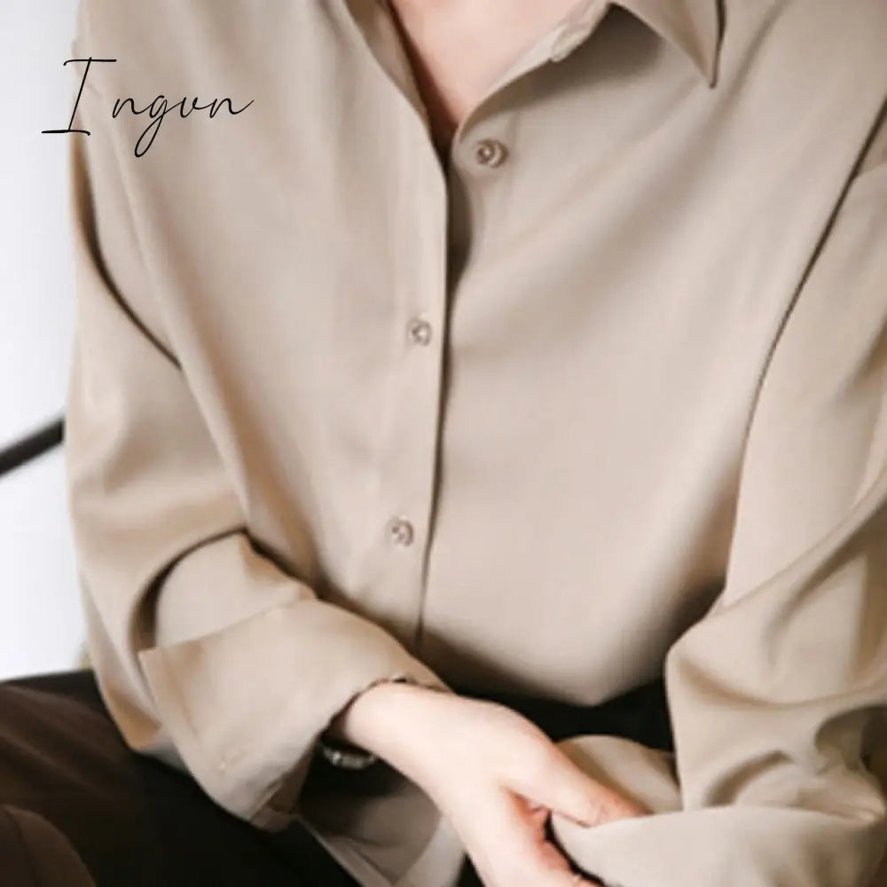 Ingvn - Silk Korean Office Ladies Elegant Shirt Blouse Women Fashion Button Up Satin Shirt Vintage White Long Sleeve Shirts Tops 11355