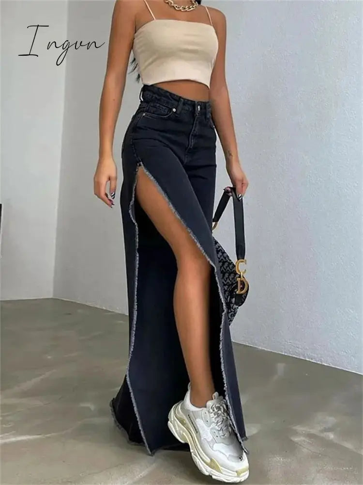 Ingvn - High Waisted Side Split Out Jeans Women Casual Loose Cargo Black Pants Streetwear Summer Wide Leg Long Baggy Y2k Jeans