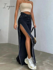 Ingvn - High Waisted Side Split Out Jeans Women Casual Loose Cargo Black Pants Streetwear Summer Wide Leg Long Baggy Y2k Jeans
