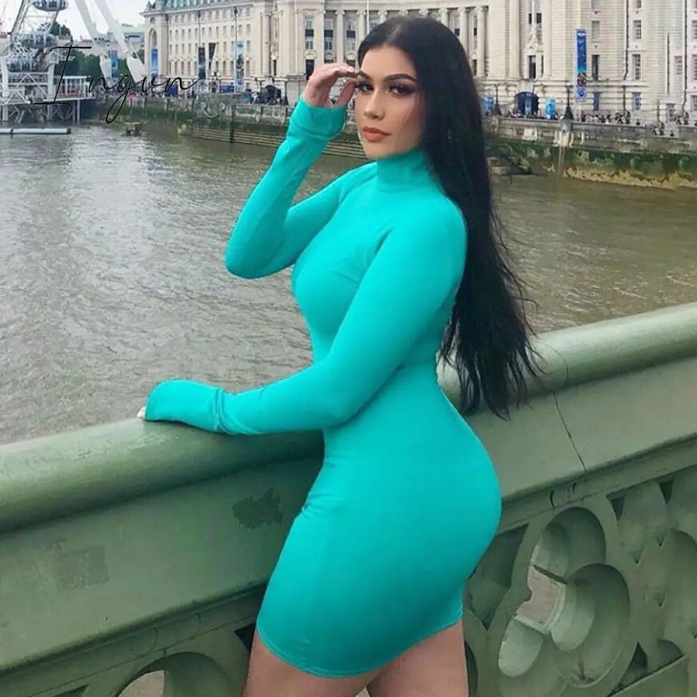 Ingvn - Summer New Sexy Casual Commutes Women's High Collar Long Sleeved Horn Sleeve Elastic Tight Knit Mini Short Dress