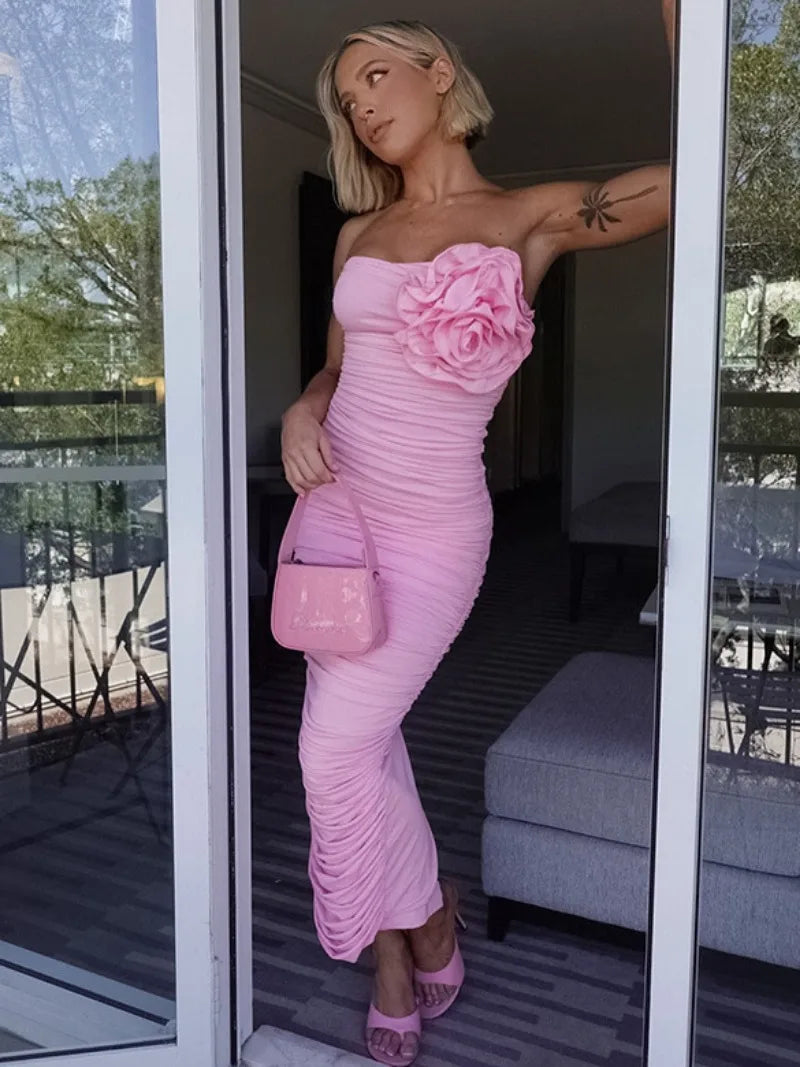 Ingvn  Elegant Womens Flower Flower Decoration Pink Dress  Sexy Strapless High Waist Tunics Shirring Slit Mid-calf Evening Dresses