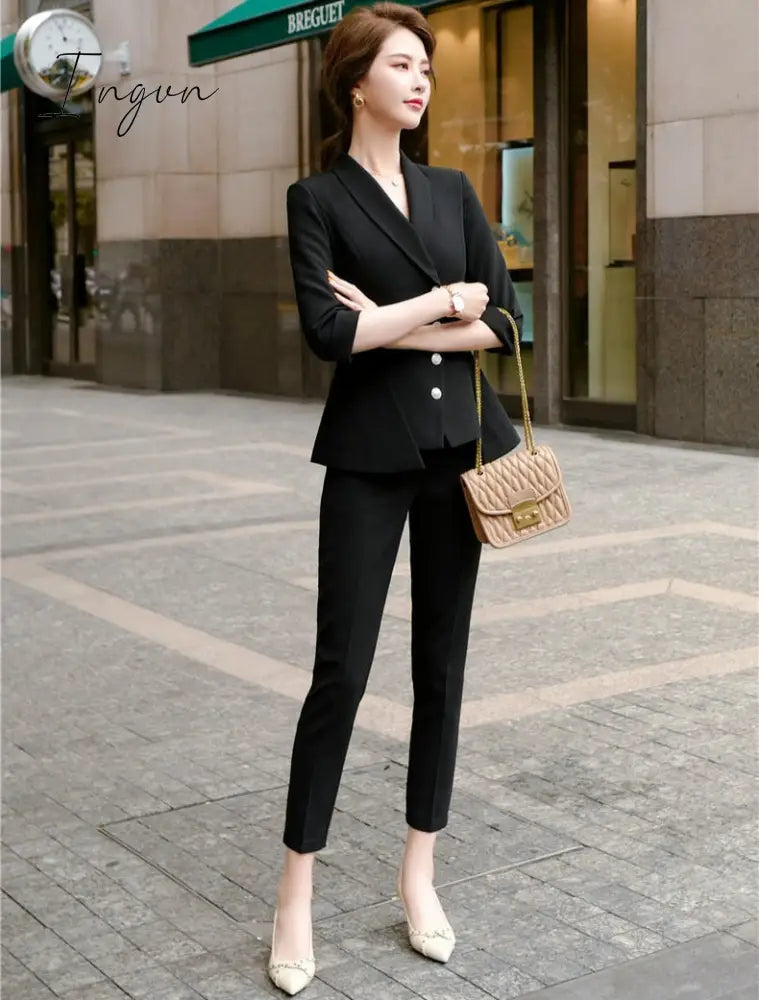 Ingvn - High Quality Casual Women's Suit Pants Two Piece Set  New Summer Elegant Ladies White Blazer Jacket Business Attire