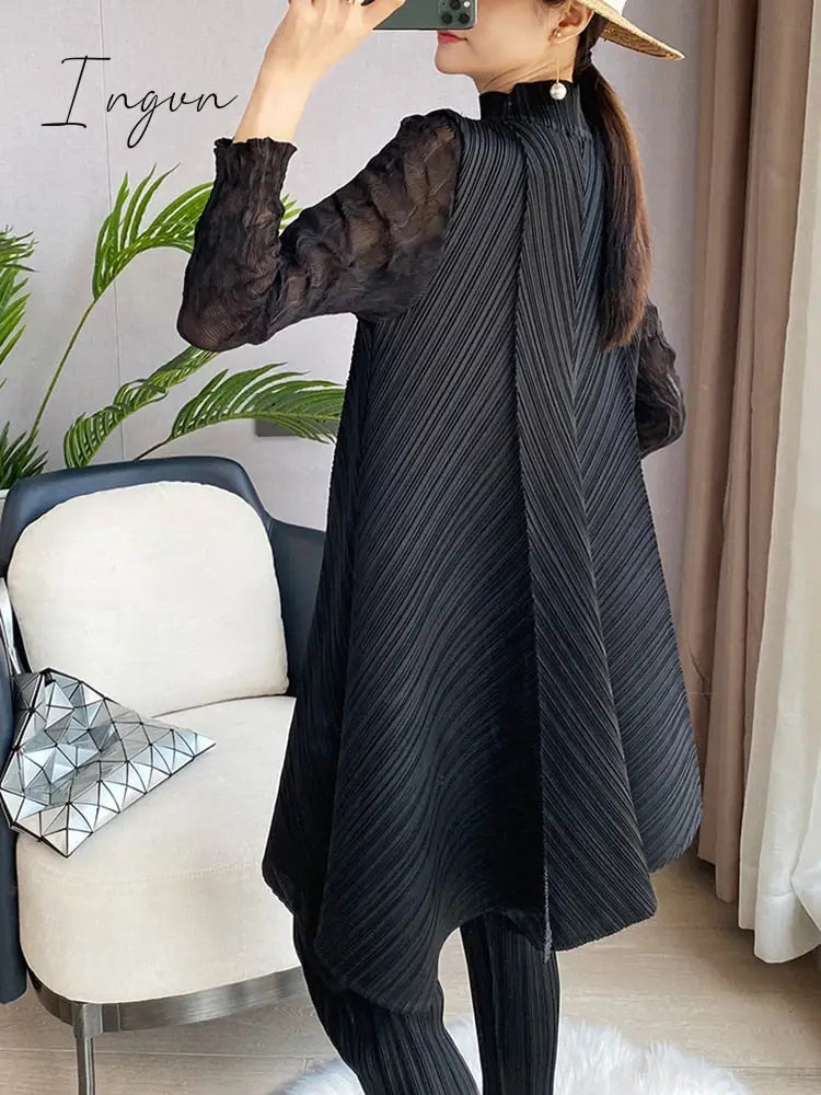 Ingvn - Sets Women Pleated Two Piece Set Fall 2023 Winter New Loose Casual Suit Lace Fashion Long Dress Top Pencil Pant Clothes