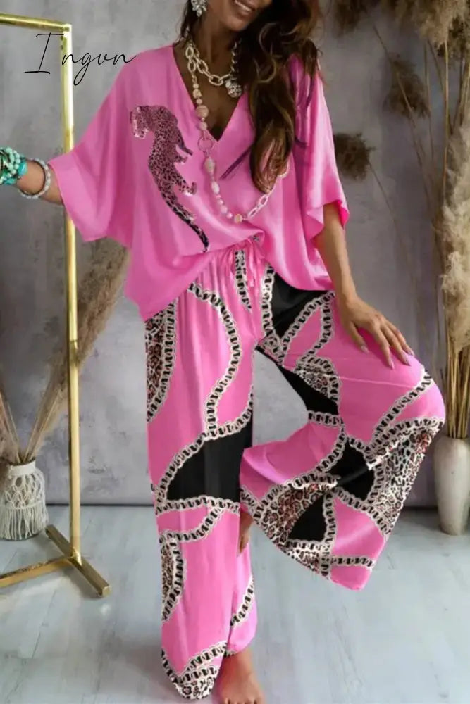 Ingvn - Casual Print Patchwork V Neck Half Sleeve Two Pieces(9 Colors)