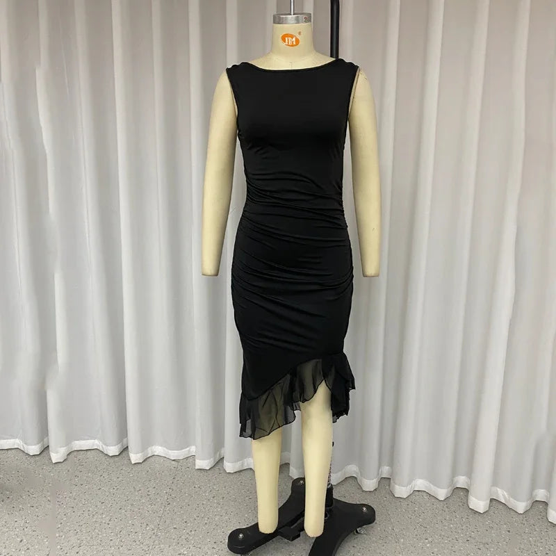 Women Maxi Dress Summer Elegant Solid Sleeveless Nipped Waist Slim Backless Ruffled Irregular Party Dresses Streetwear