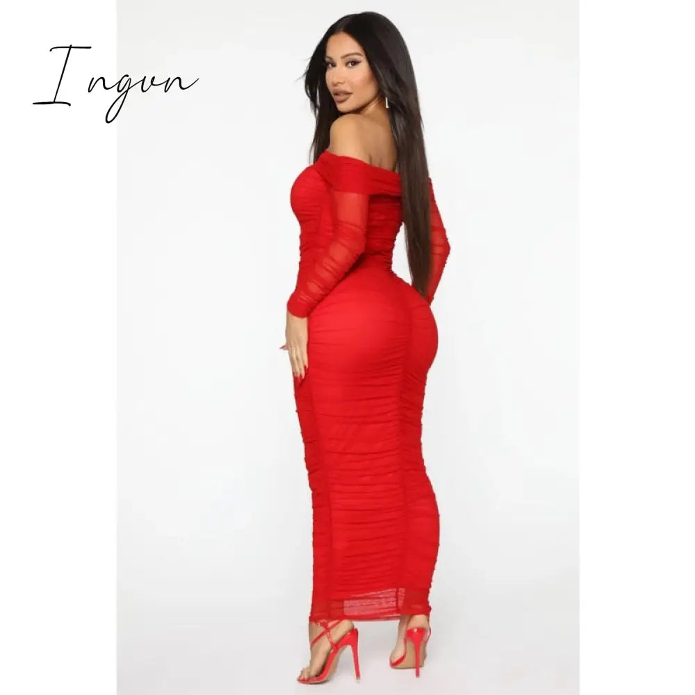 Ingvn - Trends high quality Off Shoulder Ruched Double Layer Mesh Dress Women Long Sleeve Sexy Dresses Ladies Autumn Party Long Christmas Dress