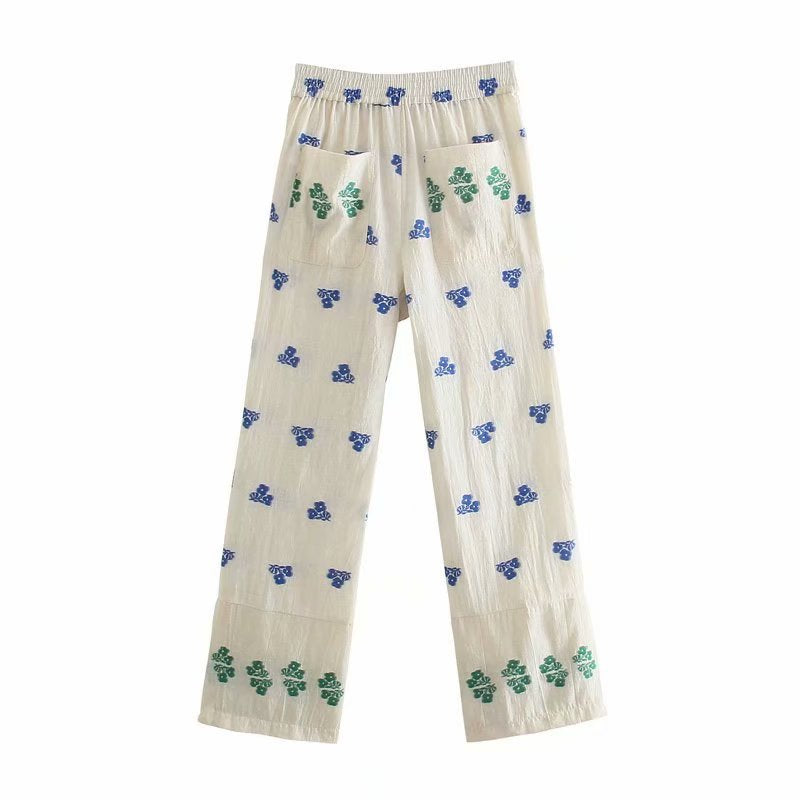 Voguable  Cotton Linen Beige Folk Vintage Sleeveeless Women Sets Casual Crop Top Wide Leg Slip Pants Suits Summer Floral Sets