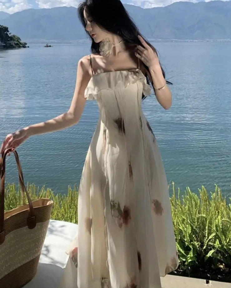 Elegant Ruffles Floral Midi Dresses Summer New Fashion Spaghetti Strap A-line Beach Vestidos Women Holiday Sundress Clothing