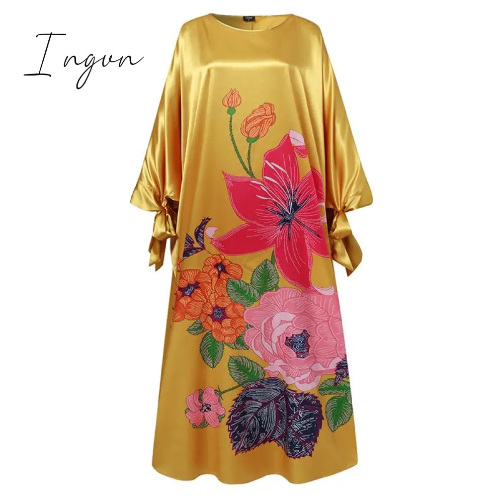 Ingvn - Women Ingvn Summer Party Dress Vintage Floral Printed Casual Loose Bohemian Beach Sundress Long Sleeve Satin Maxi Vestidos