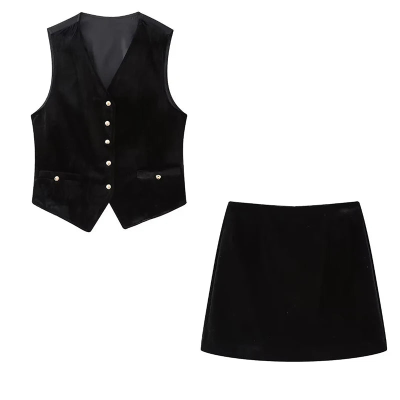 Vintage Women Black High Waist A-line Velvet Mini Skirt