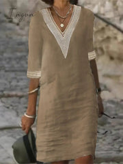 Ingvn - Women's Cotton Linen Dress Casual Dress Shift Dress Midi Dress Cotton And Linen Fashion Modern Outdoor Daily Vacation V Neck Patchwork Half Sleeve Summer Spring 2023 Regular Fit Gray Plain 3XL