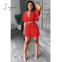 Ingvn - Summer 2 Pcs Suits Fashion V-neck Ruffle Sleeve Tshirt High Waist A-line Mini Skirt 2 Piece Suits Outifits for Women