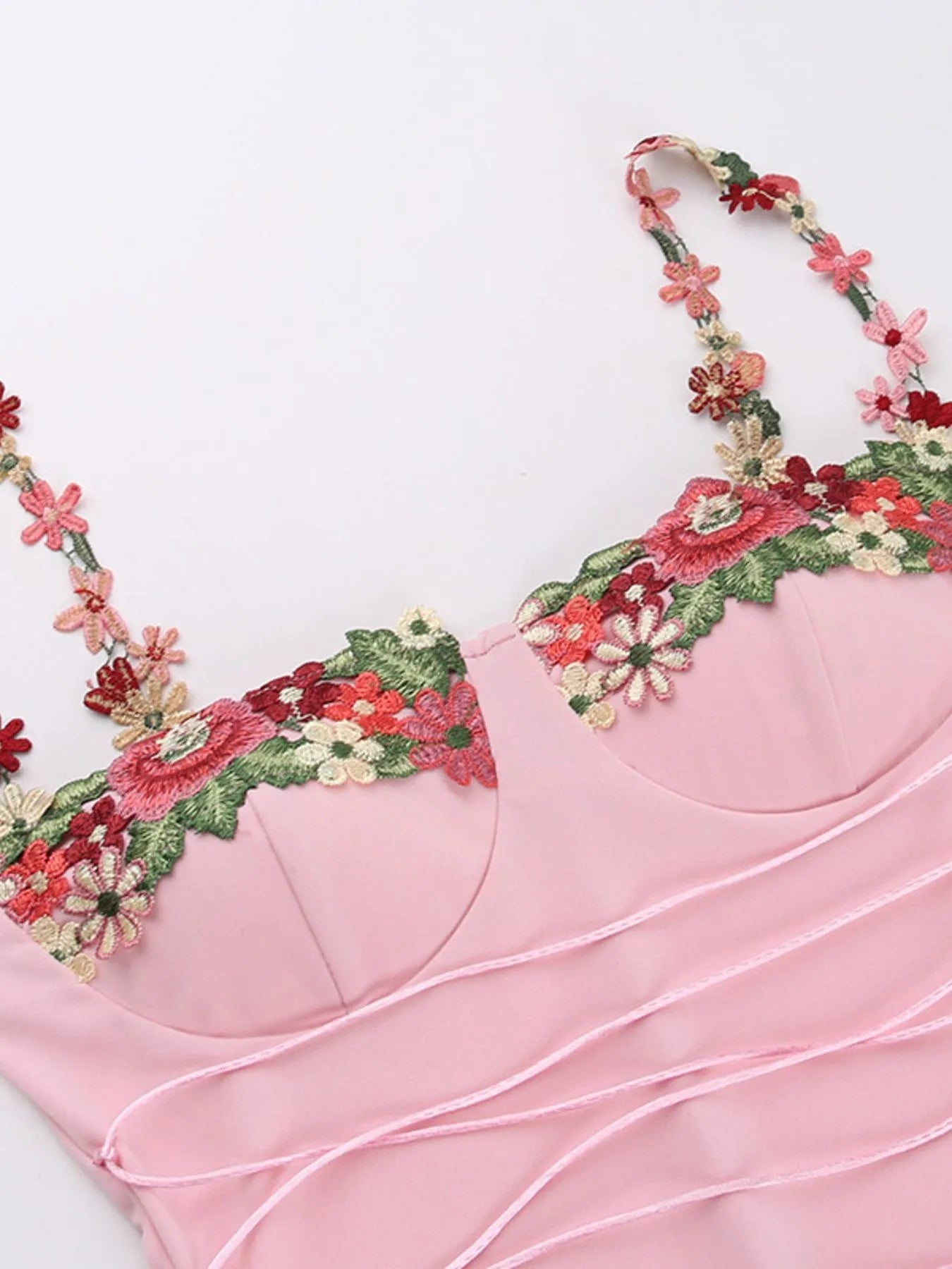 Floral Trim Bodycon Dress with Tie Detail
