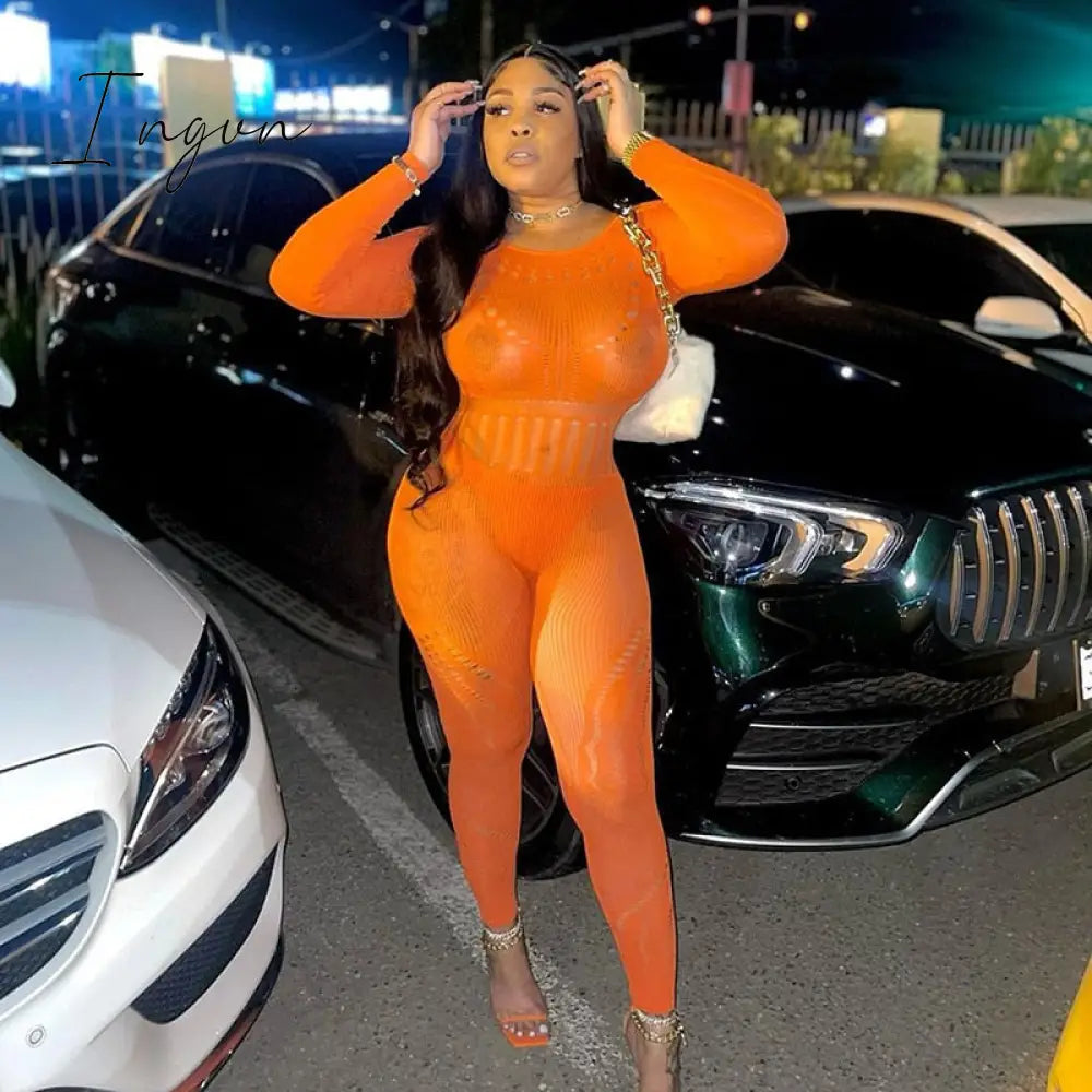 Ingvn - Hollow Out Knitted Mesh Jumpsuits Women Sexy See Through Long Sleeve Hipster Stretchy Skinny Overalls Clubwear Romper