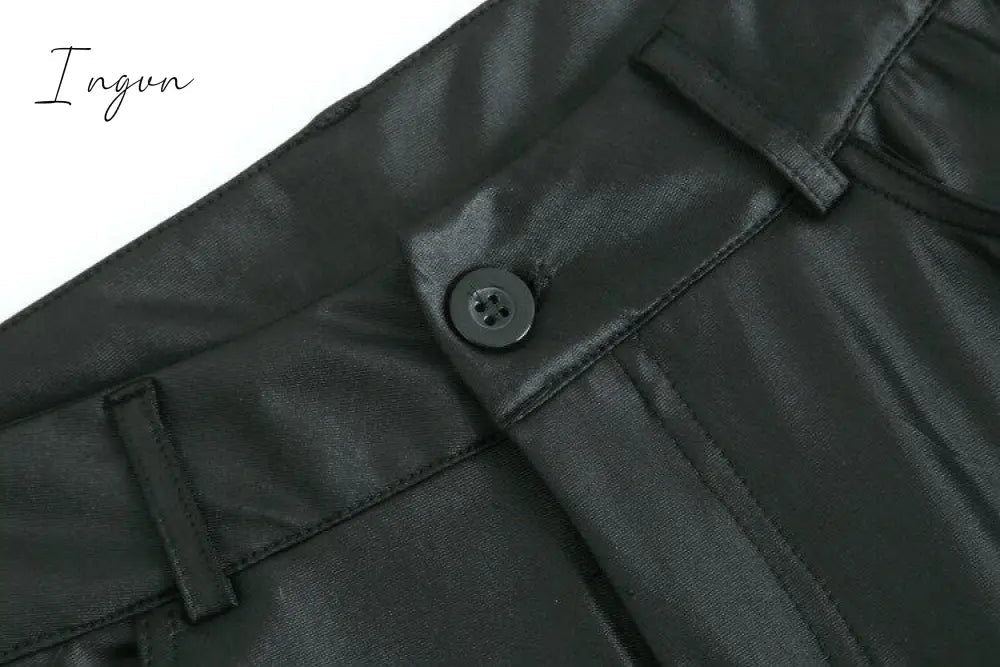 Ingvn - PU Leather Pants Women High Waist Button Zipper Slim Push Up Woman Pencil Pants Casual Pockets Blue Skinny Women Pants Plus Size