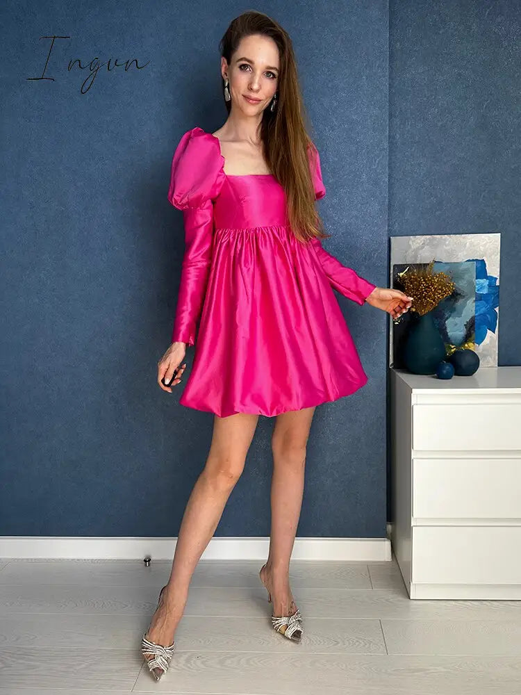Ingvn - New Fashion Puff Sleeves Woman Party Dress Evening Chic Square Collar Ball Gown Dress Short Beige Satin Dresses Pleated Ladies