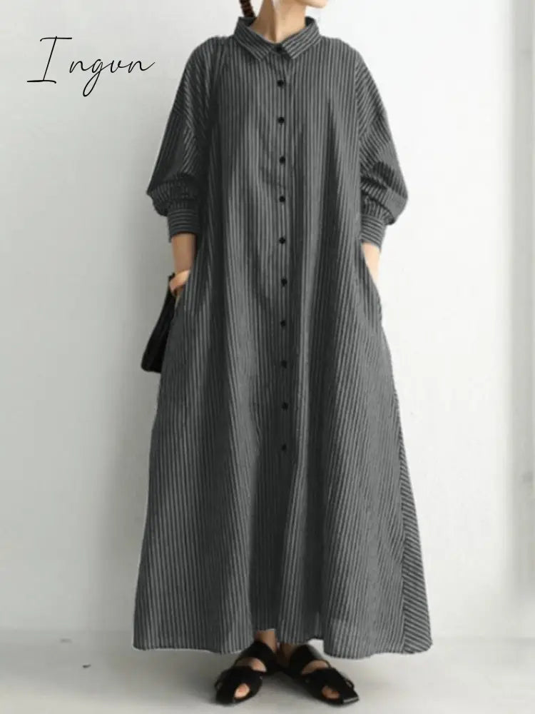 Ingvn - Summer New Dress Fashion Cotton Linen Striped Cardigan Loose Large Casual Temperament Commuter Irregular Women's Long Dress tops