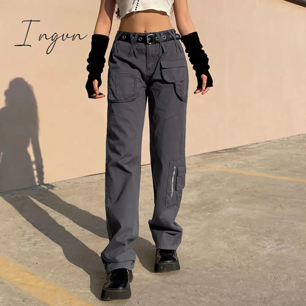 Ingvn - Vintage Streetwear Cargo Pants Women Harajuku Street Loose Straight Women Jeans Casual Slim Versatile High Waisted Jeans Pants