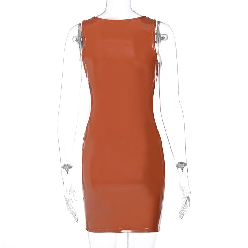 Sleeveless Solid Deep V-Neck Pu Leather Zip Up Mini Dress Autumn Winter Women Fashion Sexy Party Club Clothings