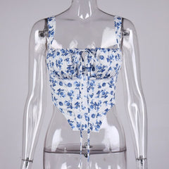 Black Floral Corset Women Summer Sexy Backless Boned Lace Up Crop Top Party Casual Wear Prairie Chic Print Tops  New